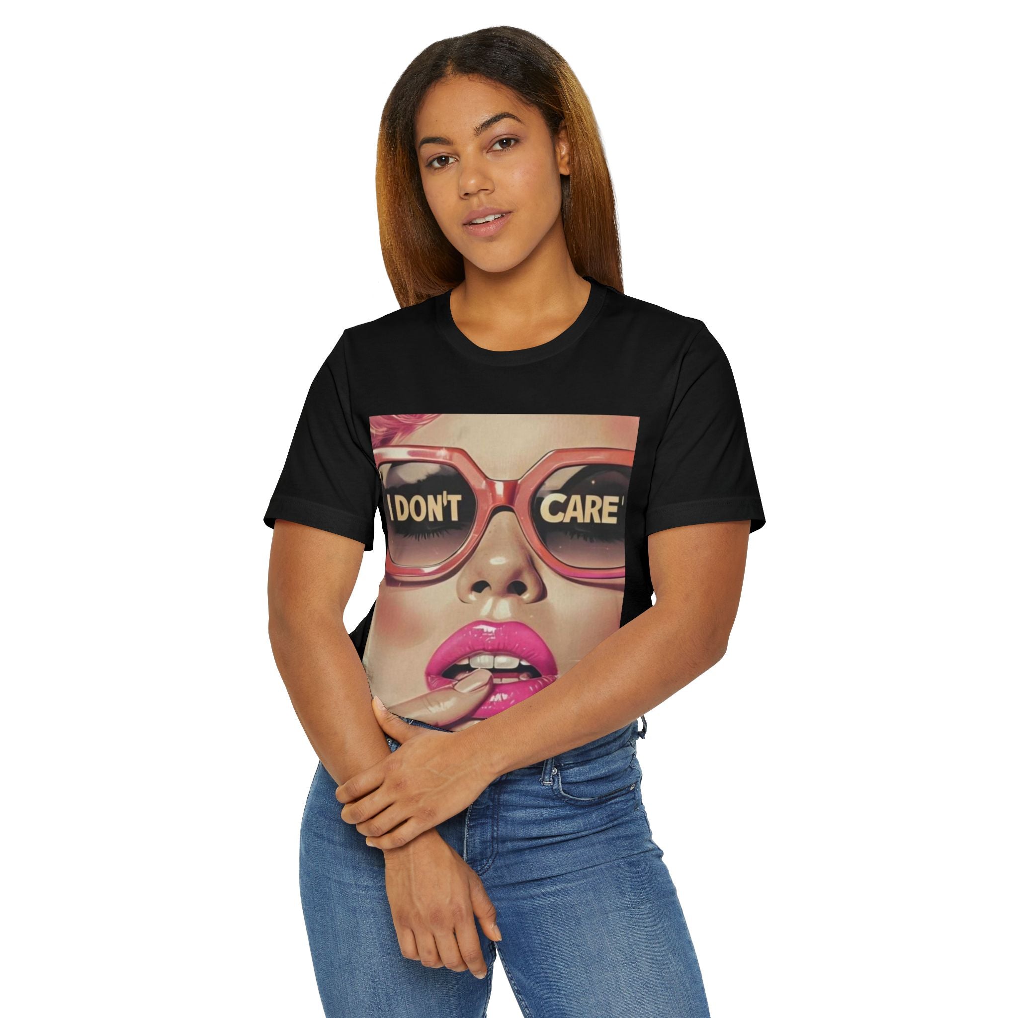 I Don't Care! Retro Poster Girl Unisex T-Shirt, Vintage Graphic Tee, Indie Fashion Top, Hipster Clothing, Minimalist Abstract Art Shirt