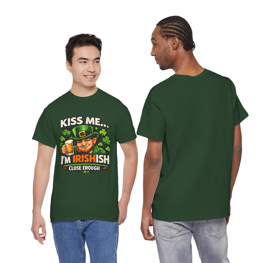 St. Patrick's Day Shirt  "Kiss Me… I'm Irish(ish), Close Enough" Leprechaun Graphic Tee | 100% Cotton