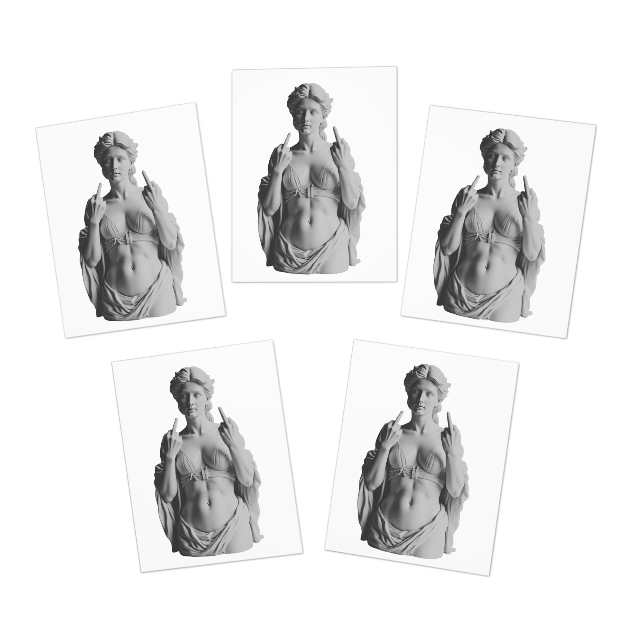 Venus Statue Giving the 2 Finger Salute Cards, Greeting Card Set (5-Pack) | Blue Background