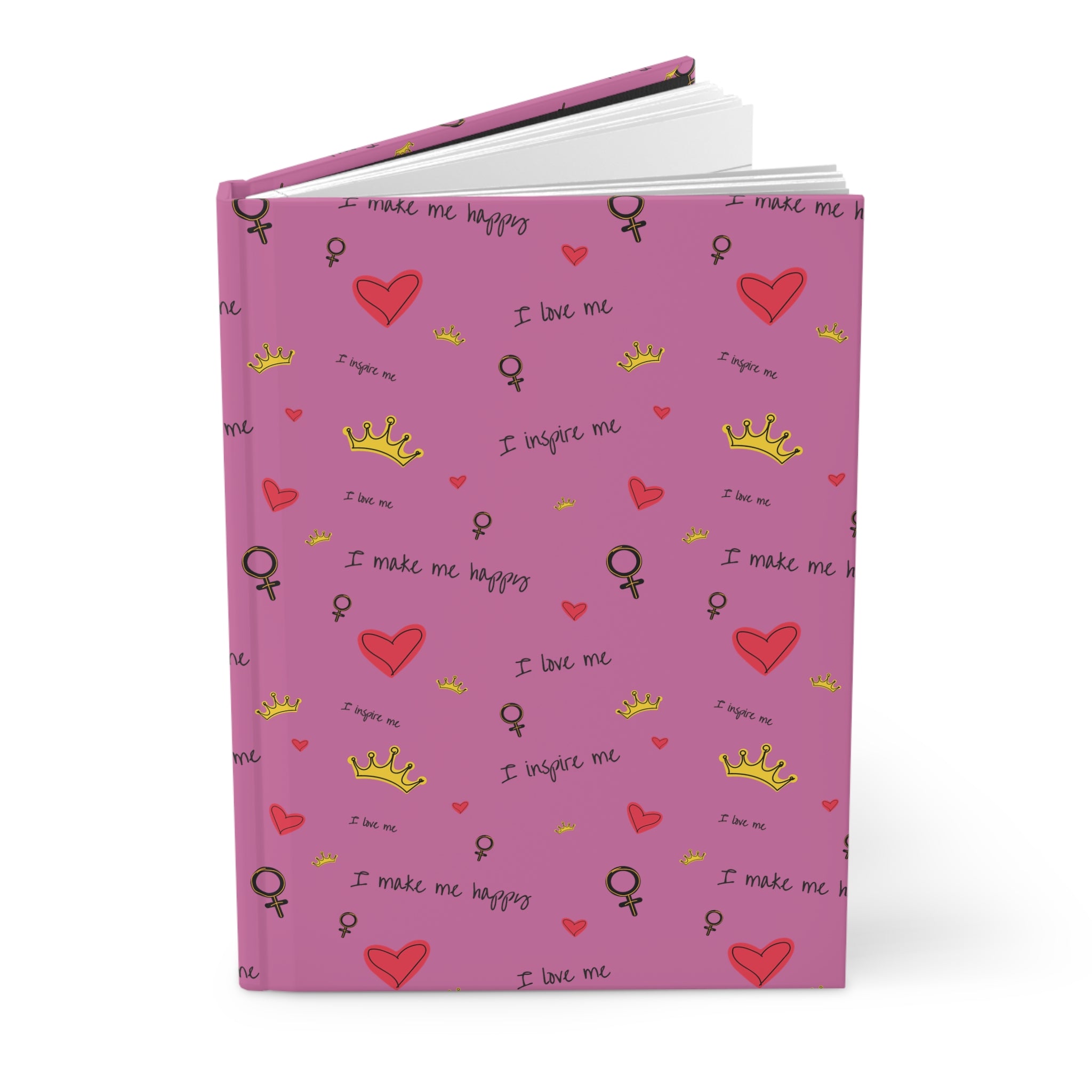 Self-Love Hardcover Journal — Pink Hearts, Crowns & “I love me” Pattern