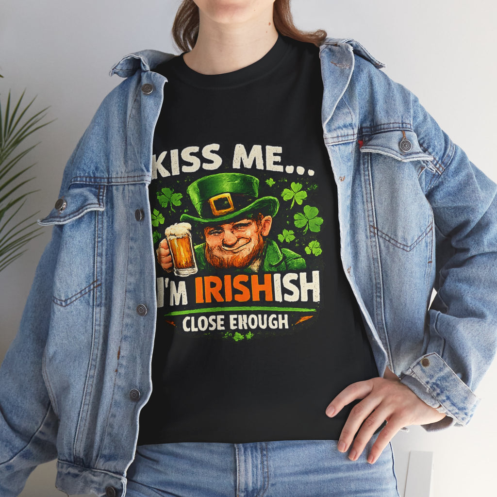 St. Patrick's Day Shirt  "Kiss Me… I'm Irish(ish), Close Enough" Leprechaun Graphic Tee | 100% Cotton