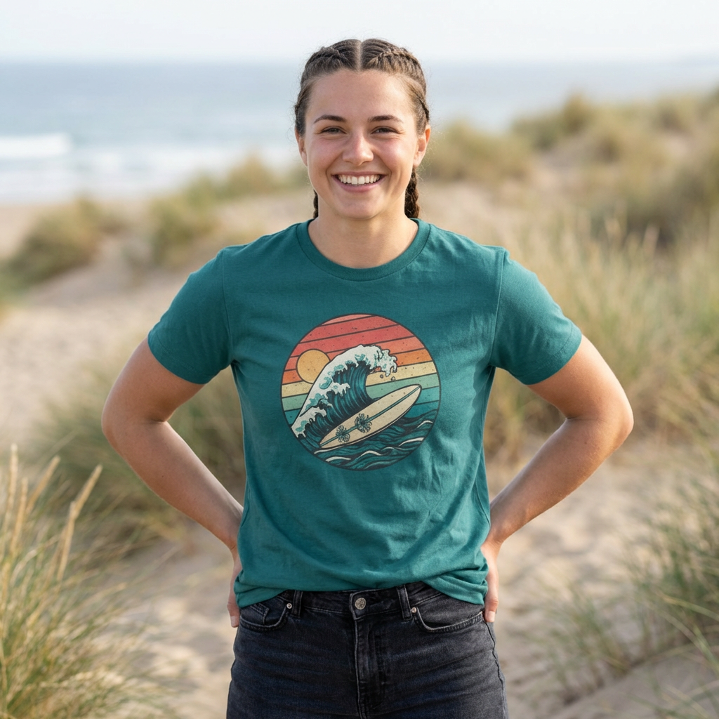 Retro Surf Wave T-Shirt — Vintage Sunset Surfboard Design