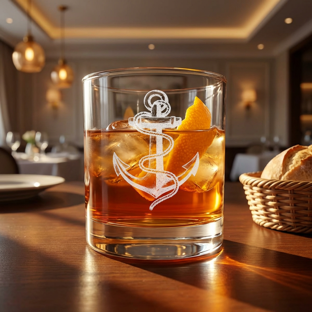 Engraved Anchor Whiskey Glass — 10.5 oz Engraved Rocks Glass for Nautical Gifts & Father's Day