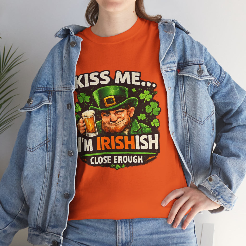 St. Patrick's Day Shirt  "Kiss Me… I'm Irish(ish), Close Enough" Leprechaun Graphic Tee | 100% Cotton