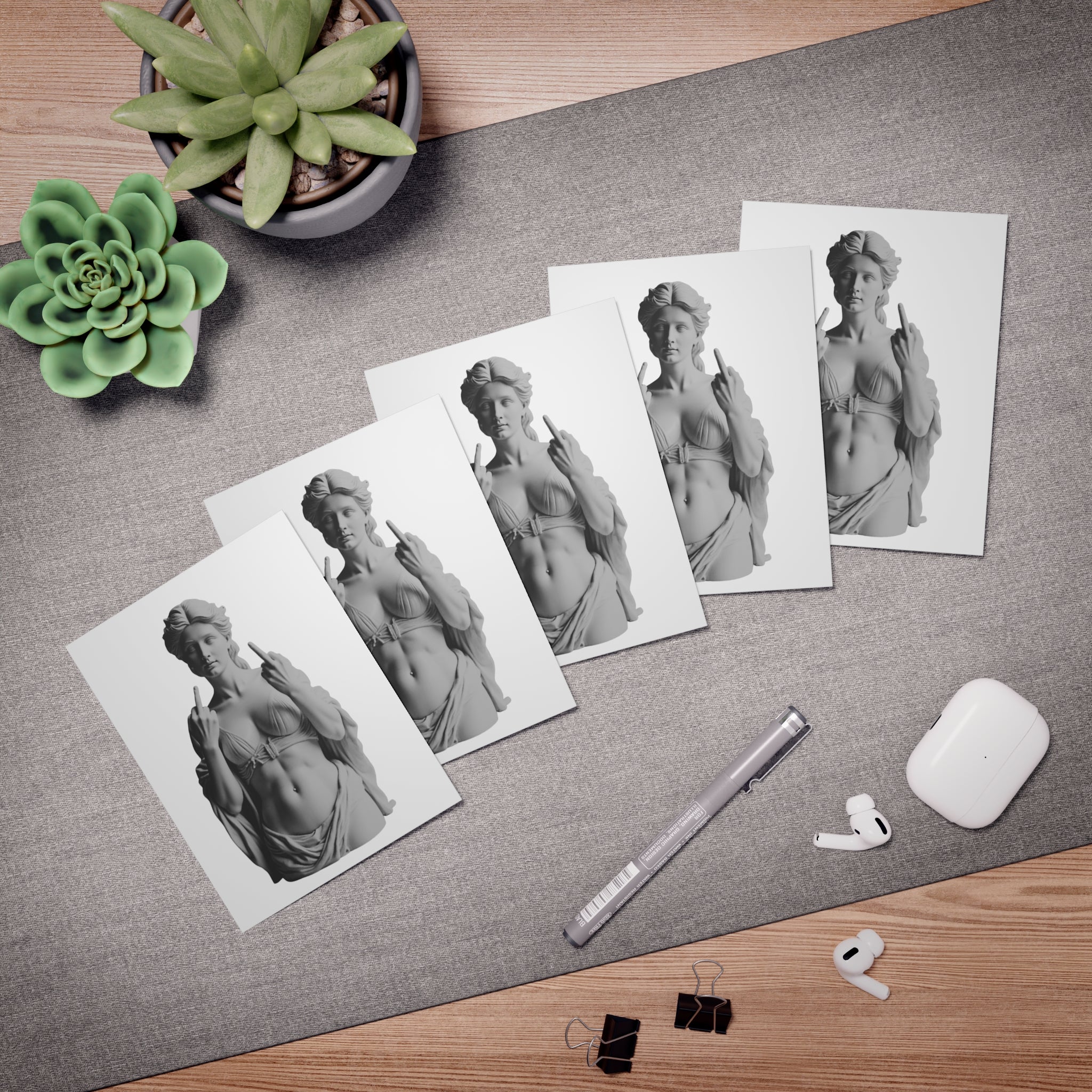 Venus Statue Giving the 2 Finger Salute Cards, Greeting Card Set (5-Pack) | Blue Background