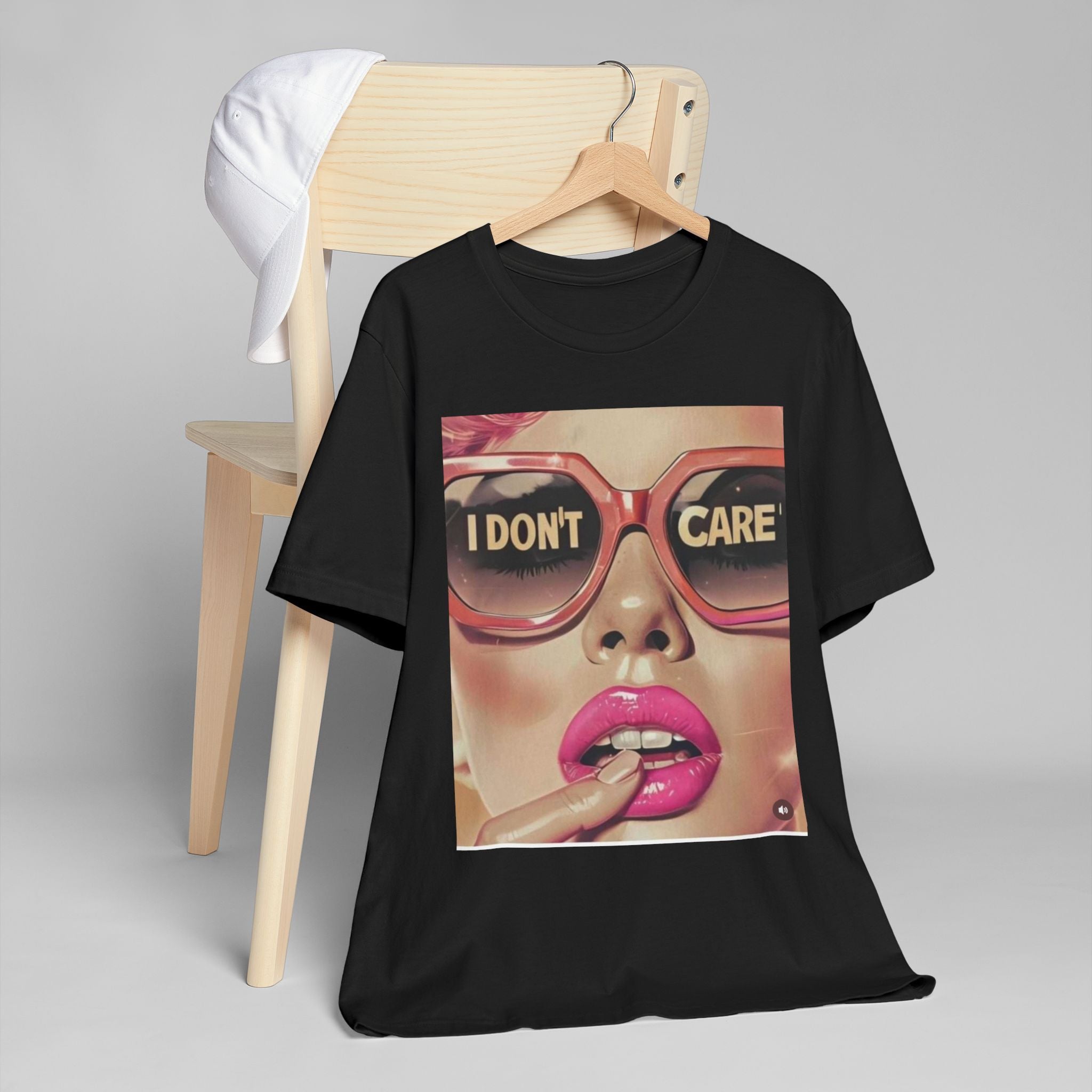 I Don't Care! Retro Poster Girl Unisex T-Shirt, Vintage Graphic Tee, Indie Fashion Top, Hipster Clothing, Minimalist Abstract Art Shirt
