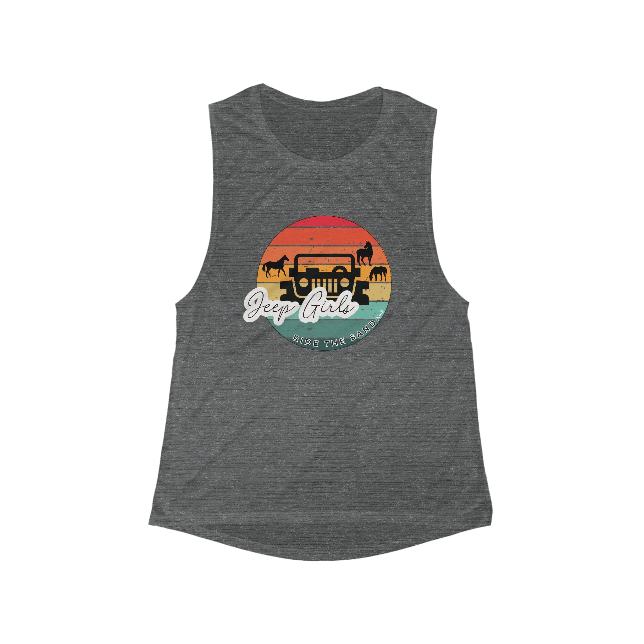 Retro Sunset Women's Flowy Tank - Jeep Girl, OSV, Wild Ponies of Assateague, Chincoteague, Corolla NC, Boho Style, Summer Top, Jeep Lover