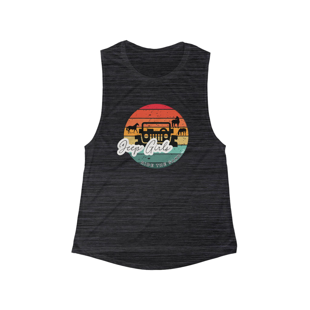 Retro Sunset Women's Flowy Tank - Jeep Girl, OSV, Wild Ponies of Assateague, Chincoteague, Corolla NC, Boho Style, Summer Top, Jeep Lover