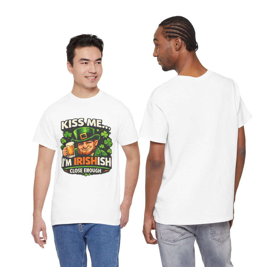 St. Patrick's Day Shirt  "Kiss Me… I'm Irish(ish), Close Enough" Leprechaun Graphic Tee | 100% Cotton
